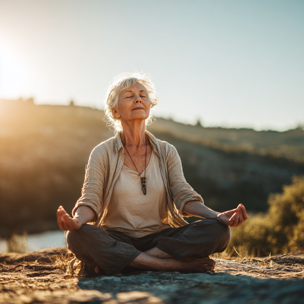 Confident elderly European woman in yoga pose, demonstrating strength and flexibility in peaceful studio setting
