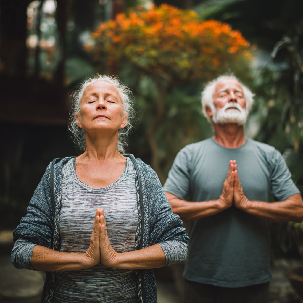 Mature European person practicing breathing exercises outdoors, showing calm concentration and proper posture